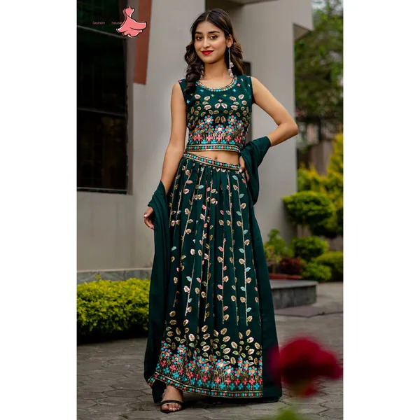 Green Sleeveless Choli With Skirt and Shawl Set For Women From Aamayra Fashion House