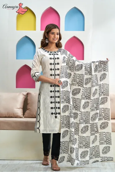 Off-White Straight Kurti With Black Pant And Shawl Set For Women From Aamayra Fashion House