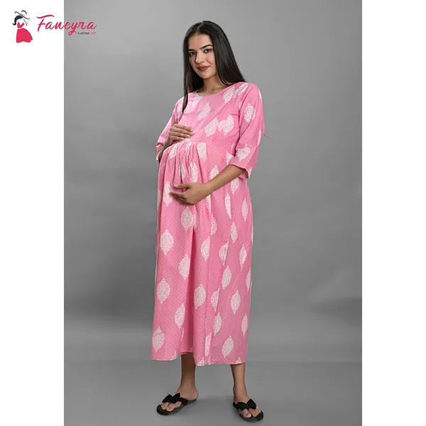 Fancyra Women Nightwear Maxi Maternity Pregnancy Cotton Printed Dress-Pink