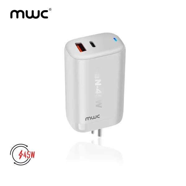 MWC 45W Dual Port (A+C) GaN Charging Adapter | MUCA45W | Compatible with All Brands | USB-A + USB-C Dual Port – White