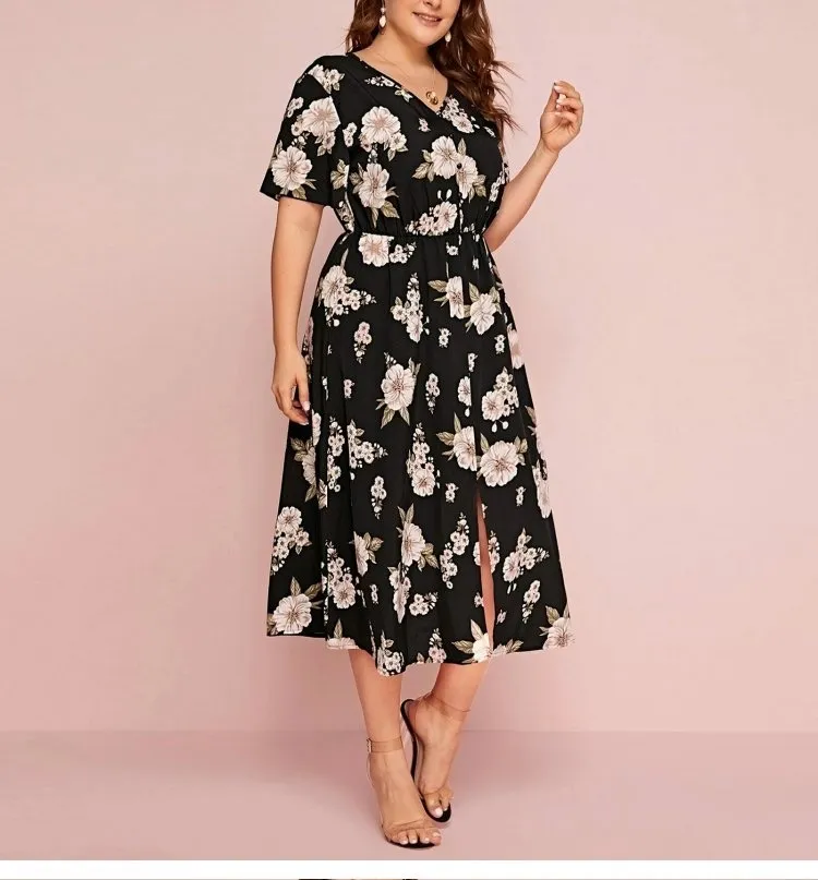 Summer Floral Printed Plus Size Slit One Piece Dress For Women | SY Bazzar Summer Floral Printed Plus Size Slit One Piece Dress For Women | SY Bazzar