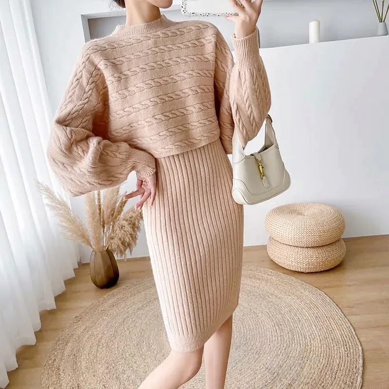 Knitted 2 Pieces Set Women Pullovers Sweater Crop Tops & Knitted Halter  Bodycon Dress | SY Bazzar